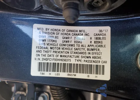 2017 Honda Civic Touring из США, поврежденный, VIN 2HGFC1F93HH656375